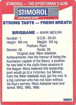 1990 AFL Scanlens Stimorol #115 Mark Mickan Back
